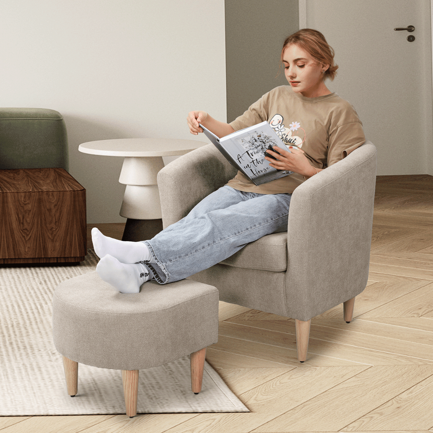 Barrel Shape Sofa Chair w/ Ottoman - Cotton-linen