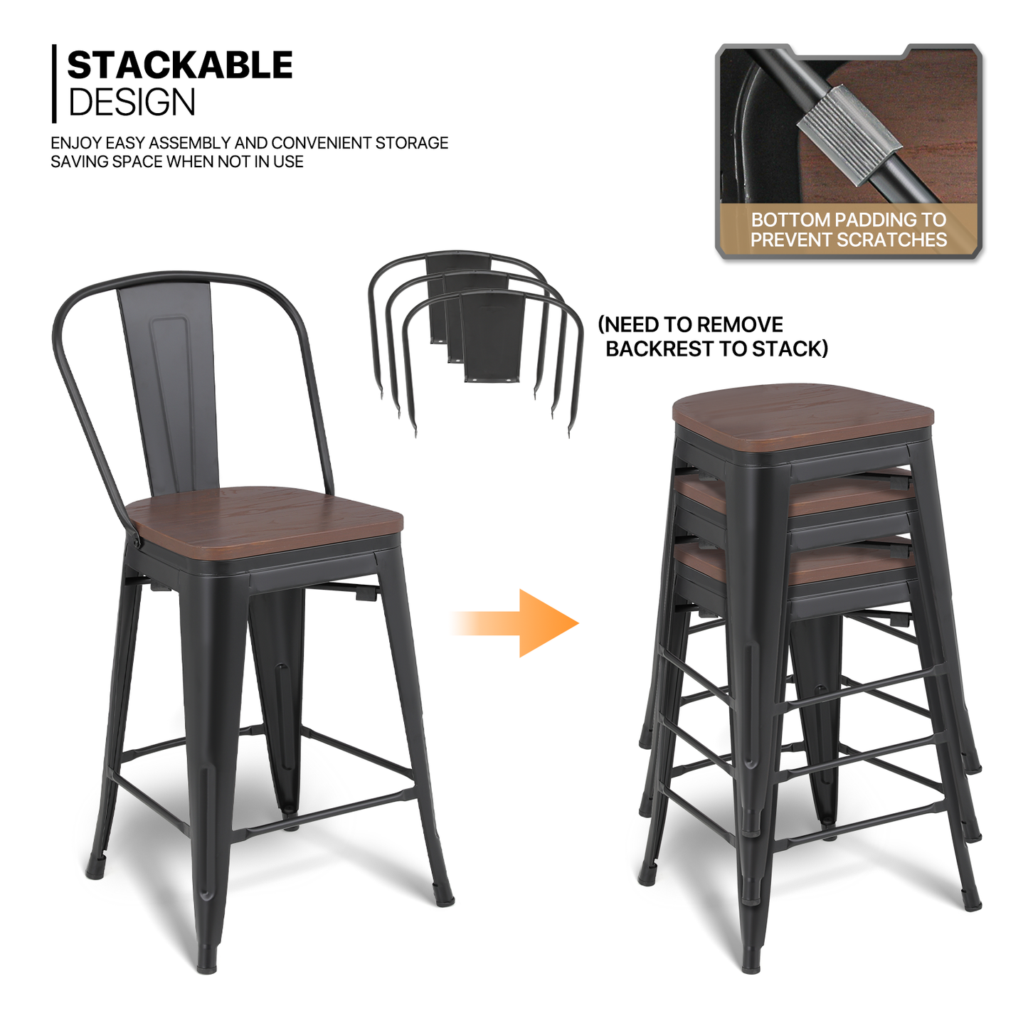 2 Pieces Bar Chairs - Metal Frame w/Wooden Seat - 24.5'' Seat to Floor