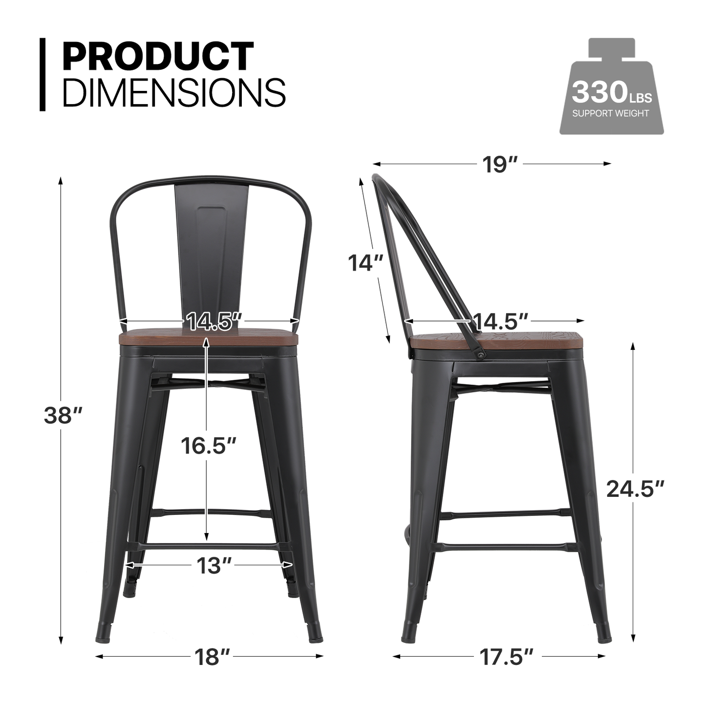 2 Pieces Bar Chairs - Metal Frame w/Wooden Seat - 24.5'' Seat to Floor