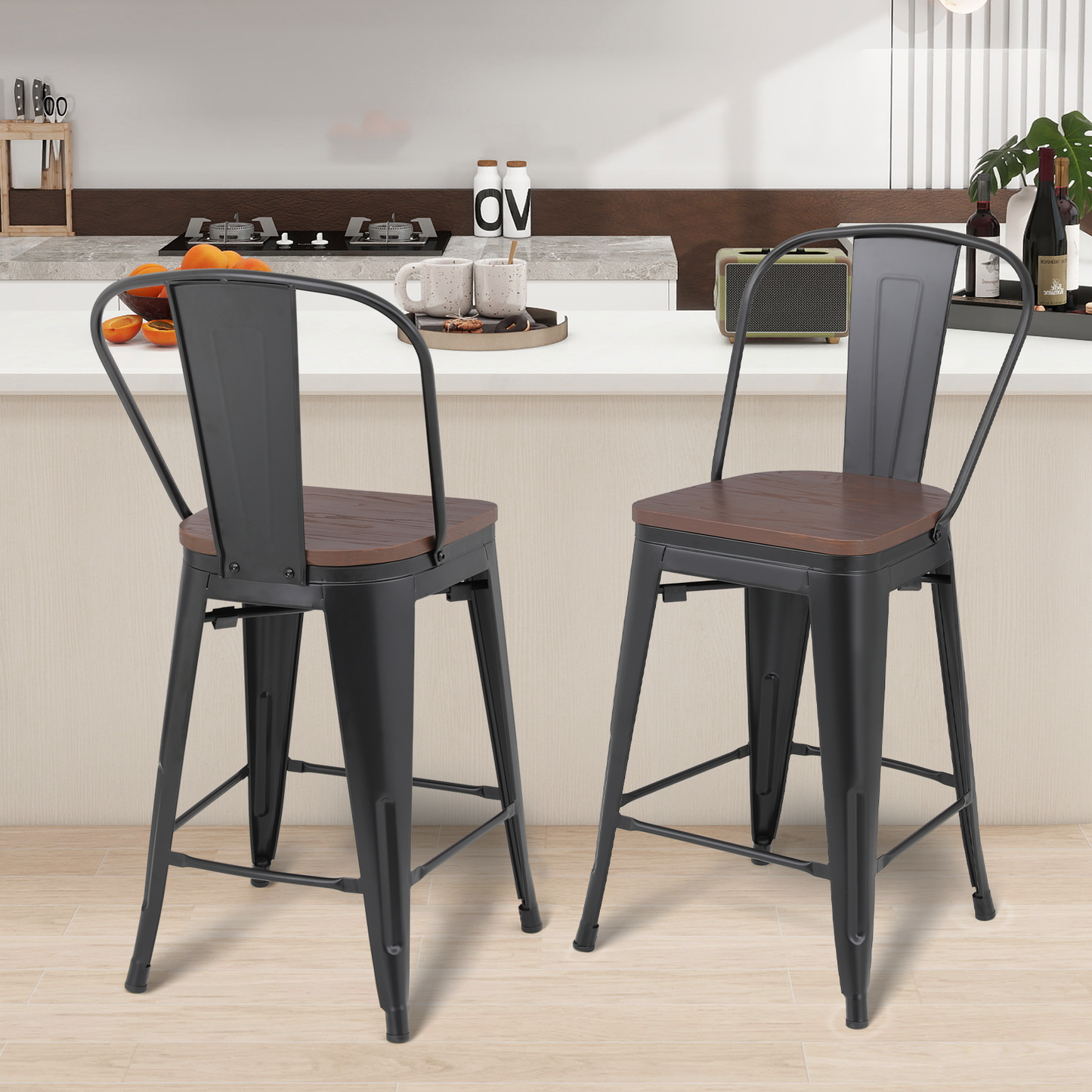 2 Pieces Bar Chairs - Metal Frame w/Wooden Seat - 24.5'' Seat to Floor