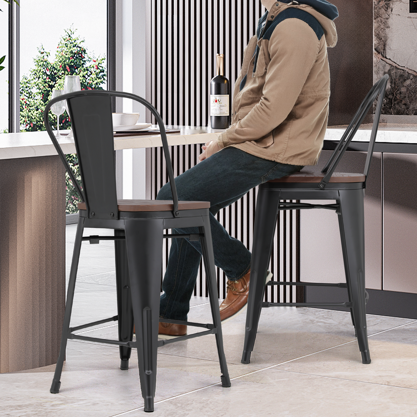 2 Pieces Bar Chairs - Metal Frame w/Wooden Seat - 24.5'' Seat to Floor