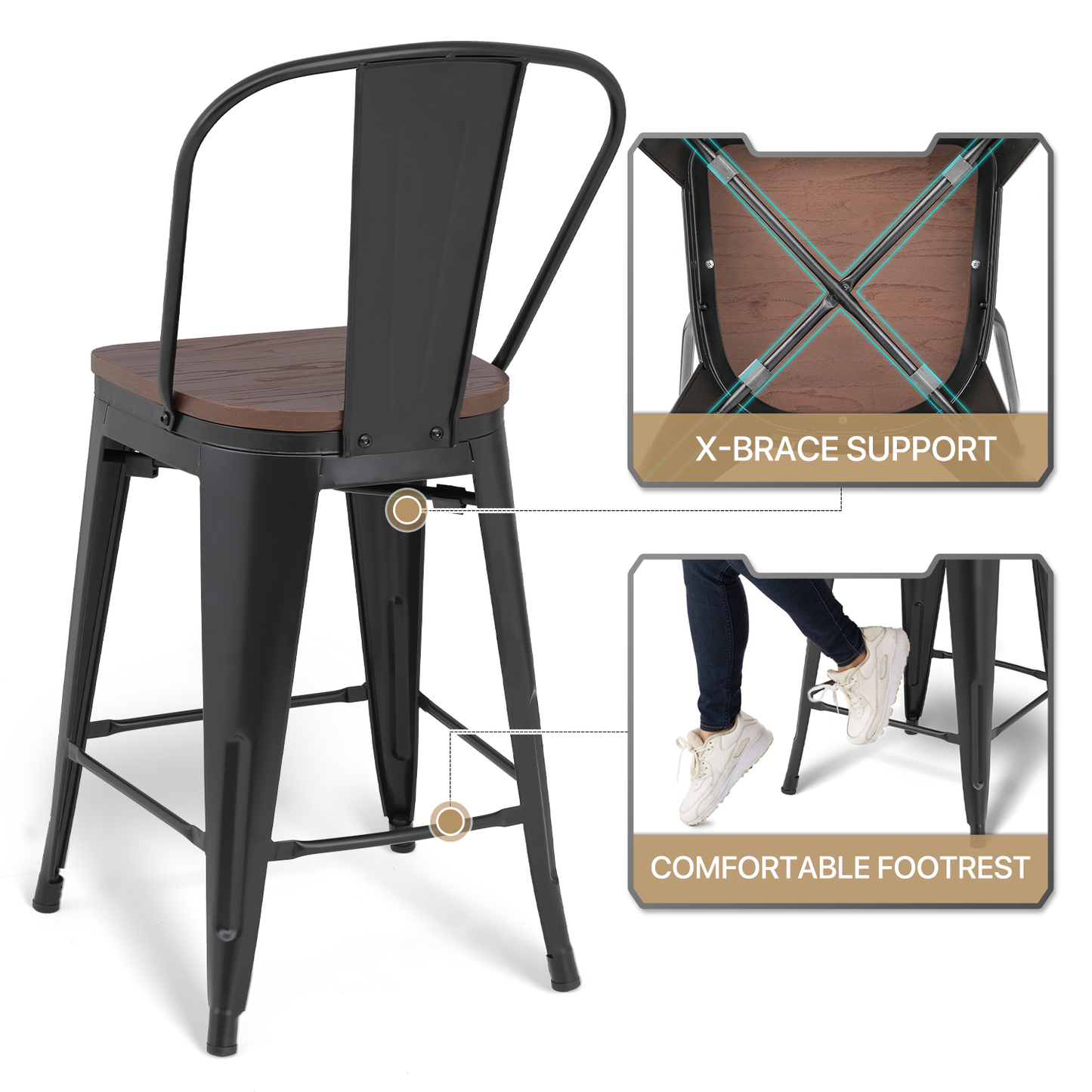 2 Pieces Bar Chairs - Metal Frame w/Wooden Seat - 24.5'' Seat to Floor