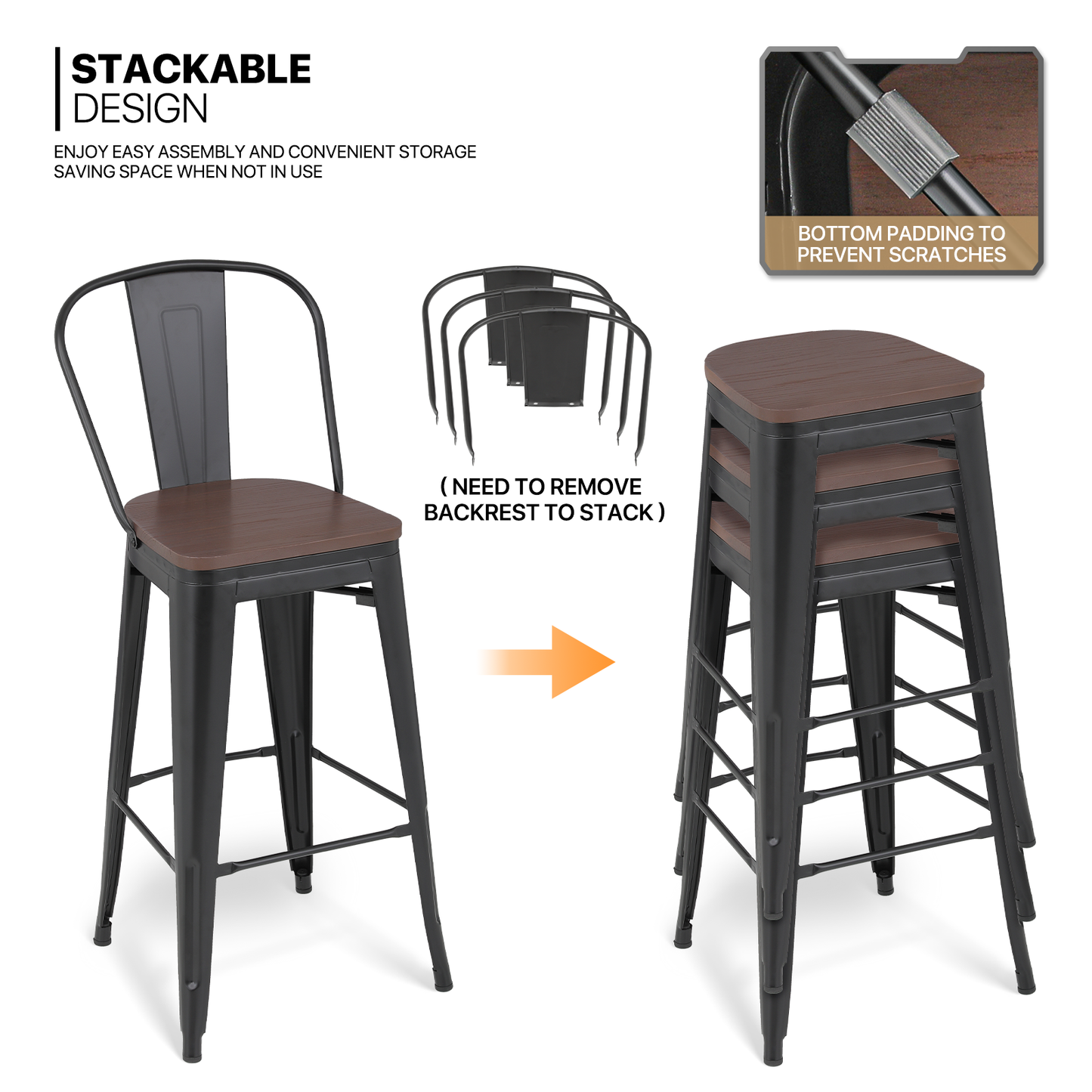 2 Pieces Bar Chairs - Metal Frame w/Wooden Seat - 30.5'' Seat to Floor