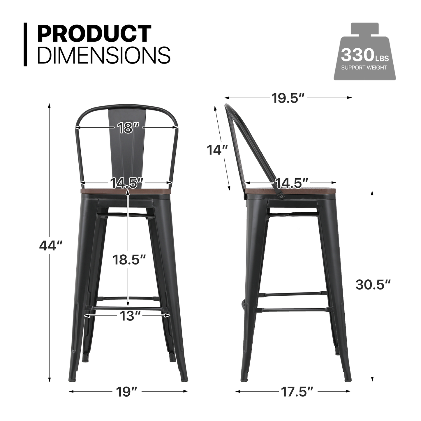 2 Pieces Bar Chairs - Metal Frame w/Wooden Seat - 30.5'' Seat to Floor