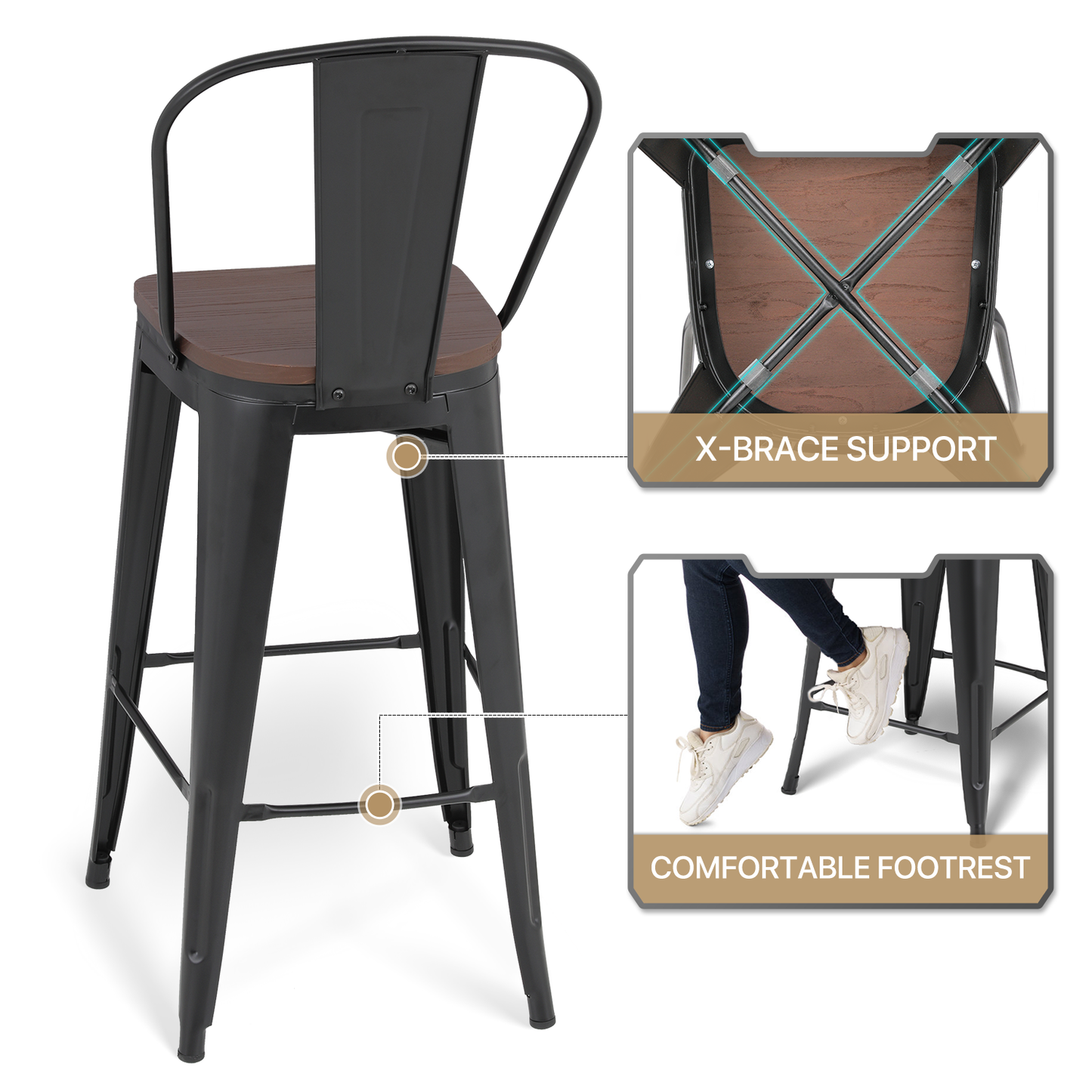 2 Pieces Bar Chairs - Metal Frame w/Wooden Seat - 30.5'' Seat to Floor