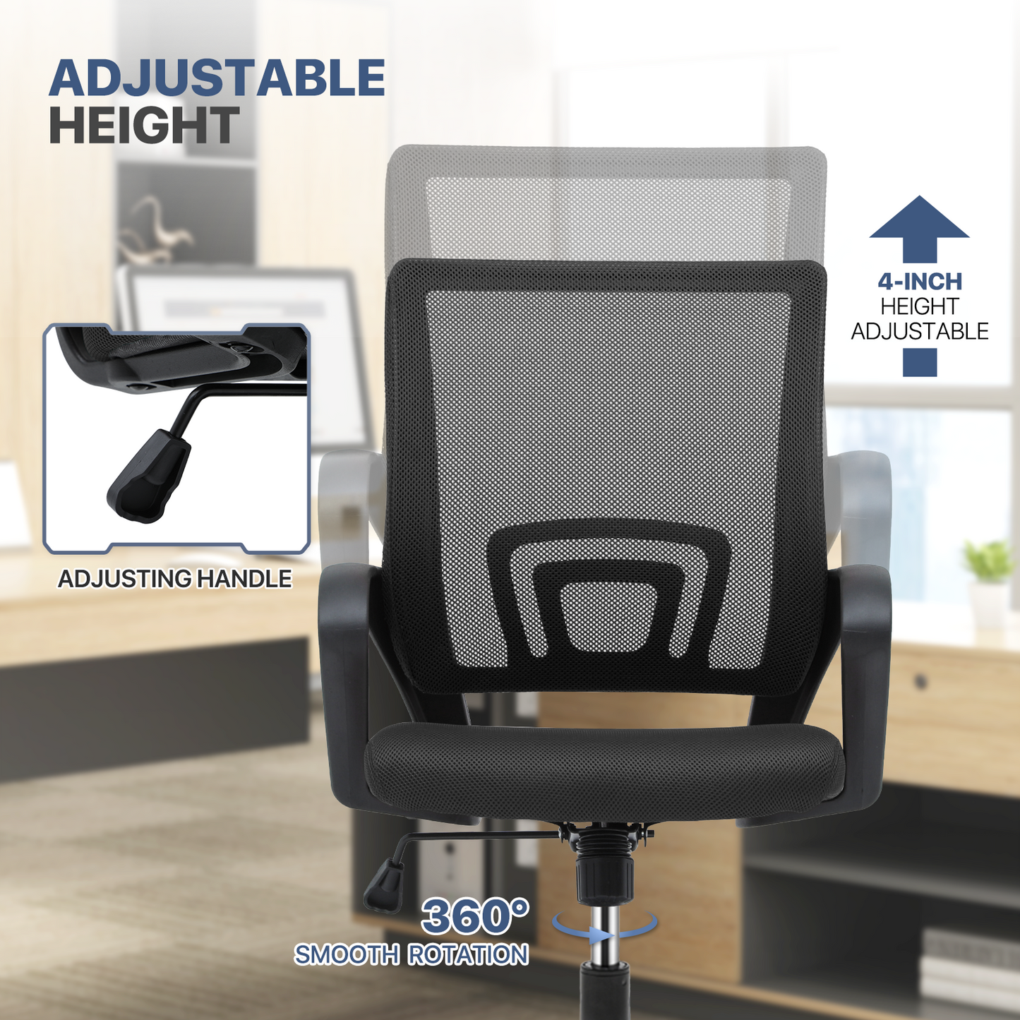 Adjustable Height Office Chair - 18" Seat Wide - Mesh Back