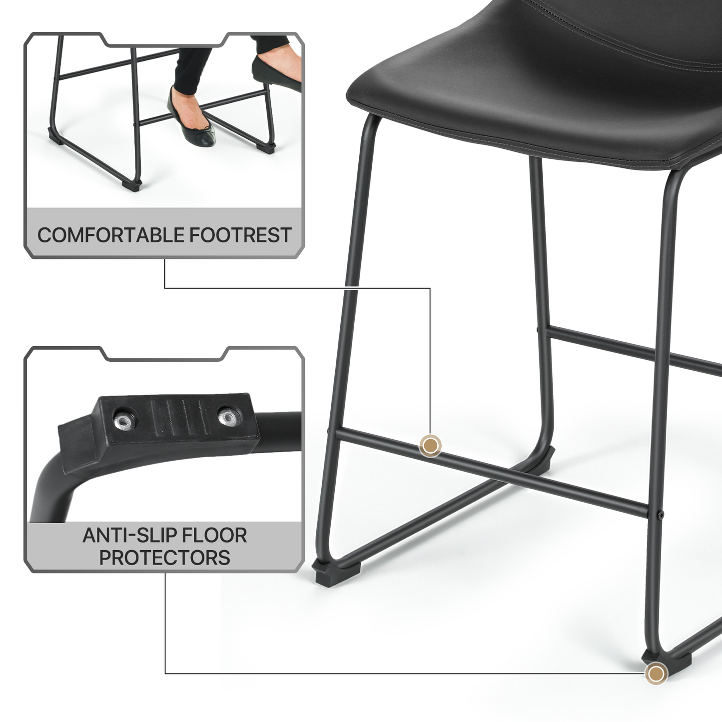 2 Pieces Bar Chairs - PU Bucket Seat - 23'' Seat to Floor