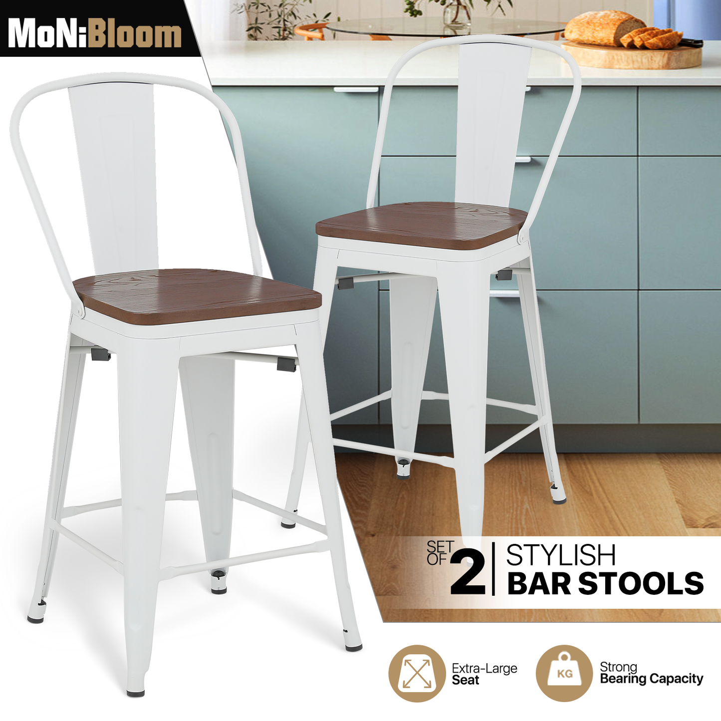 2 Pieces Bar Chairs - Metal Frame w/Wooden Seat - 24.5'' Seat to Floor