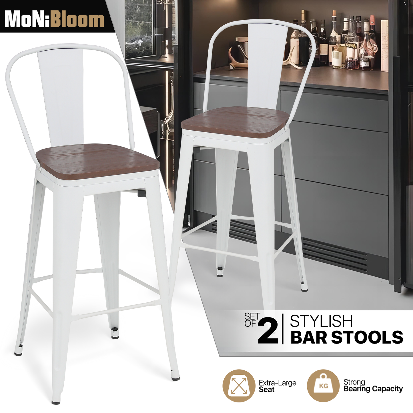 2 Pieces Bar Chairs - Metal Frame w/Wooden Seat - 30.5'' Seat to Floor