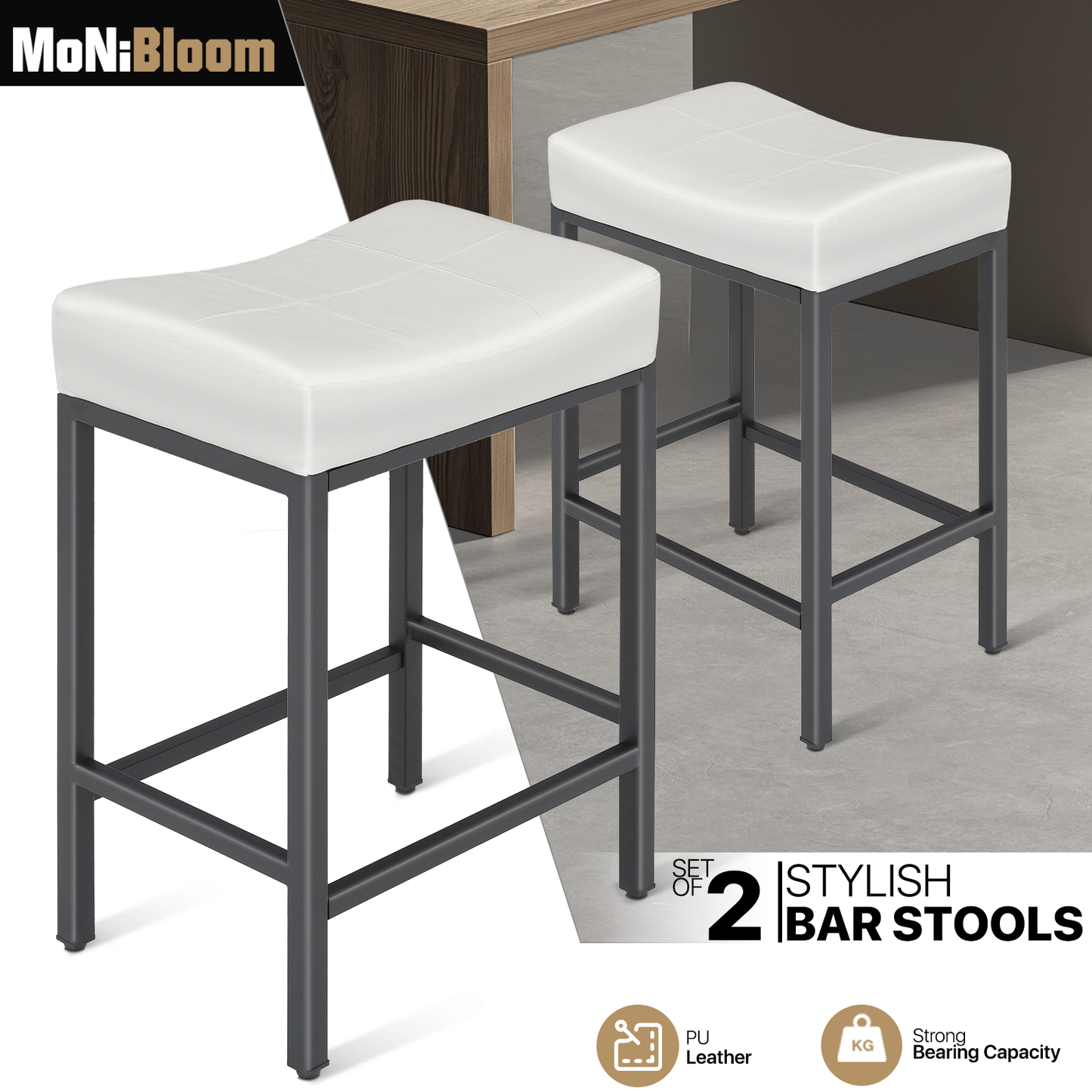 2 Pieces Bar Stools - PU Saddle Seat - 26.5'' Seat to Floor
