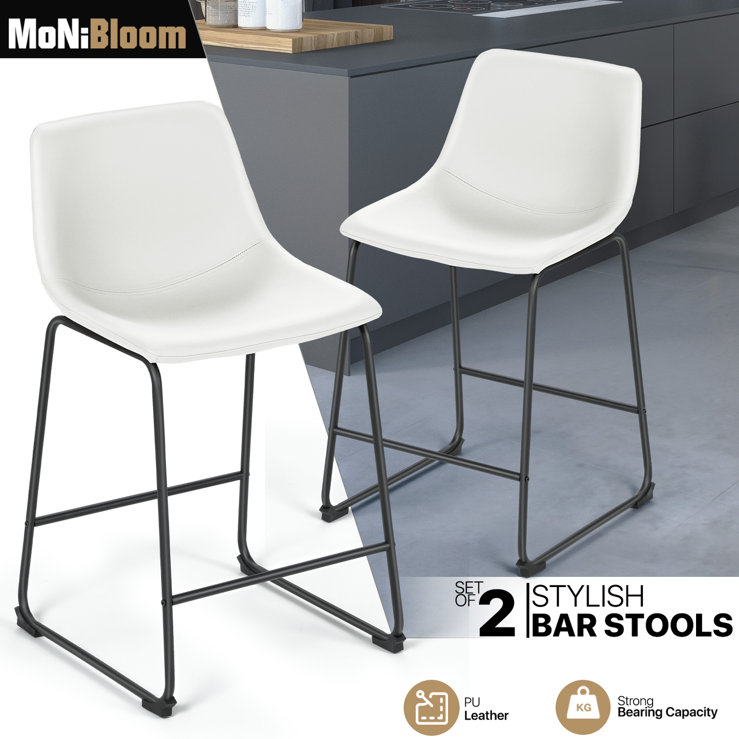 2 Pieces Bar Chairs - PU Bucket Seat - 23'' Seat to Floor