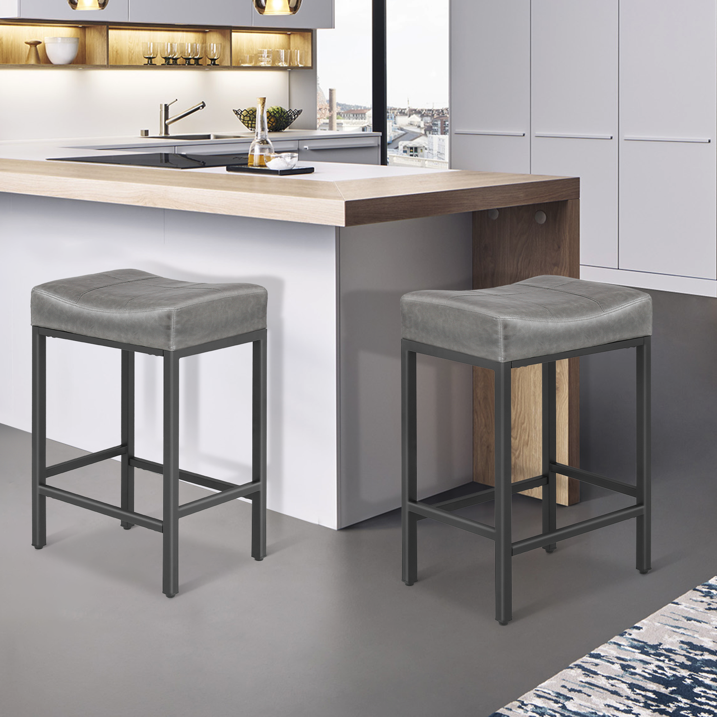 2 Pieces Bar Stools - PU Saddle Seat - 26.5'' Seat to Floor