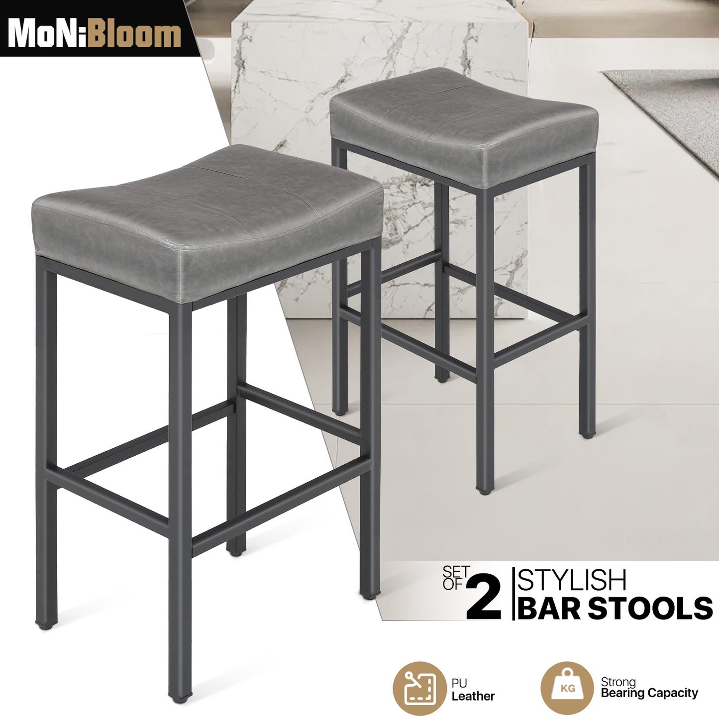 2 Pieces Bar Stools - PU Saddle Seat - 31.5'' Seat to Floor
