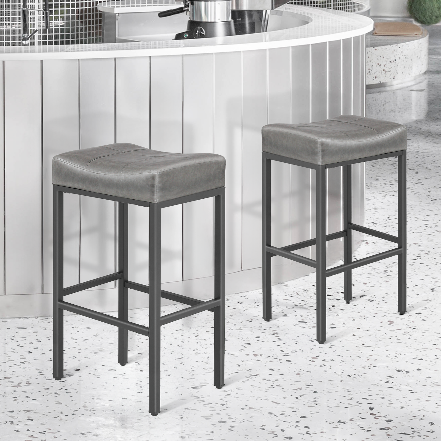 2 Pieces Bar Stools - PU Saddle Seat - 31.5'' Seat to Floor