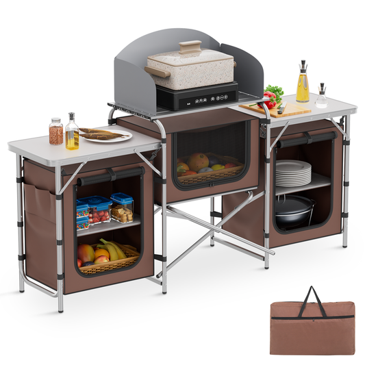 Camping Kitchen Table 66 lbs Capacity -66in.L*14in.W*45in.H-With 3 cupboards - Silver