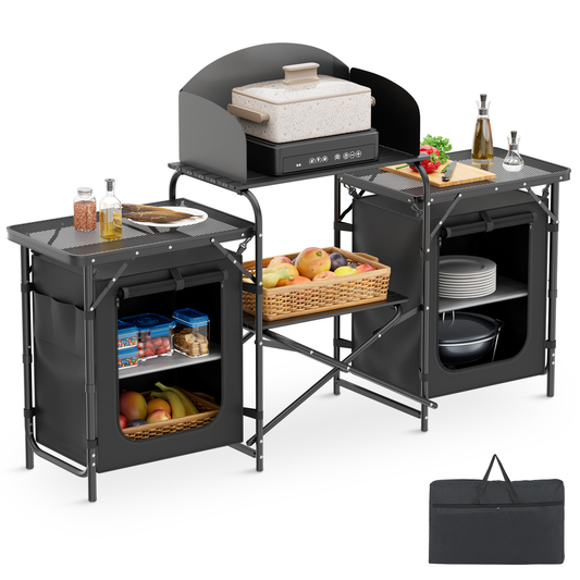 Camping Kitchen Table 66 lbs Capacity -66in.L*14in.W*45in.H-With 2 cupboards - Black