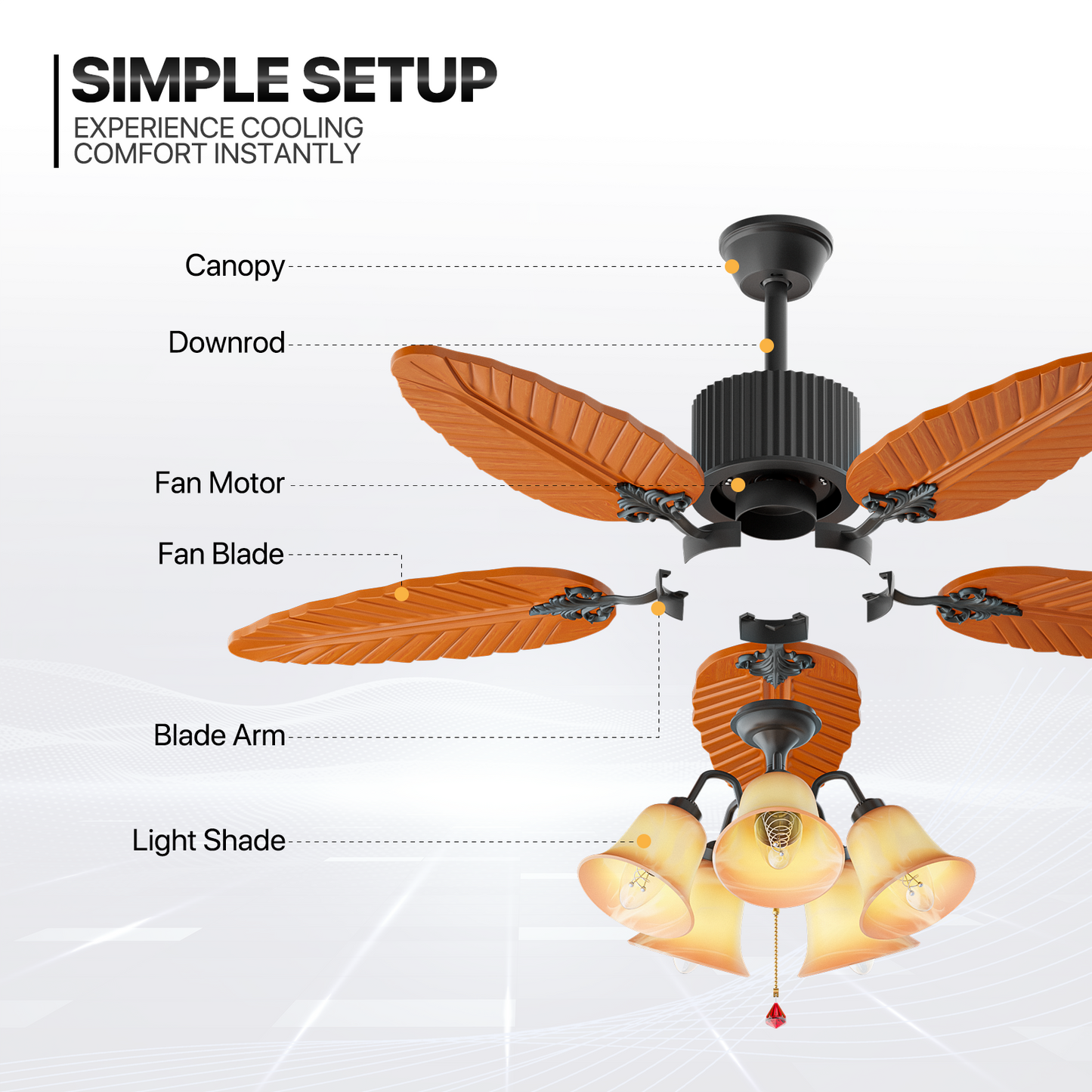 52" Reversible Ceiling Light Fan - Solid Wood Leaf Blade - Remote Control & Timer