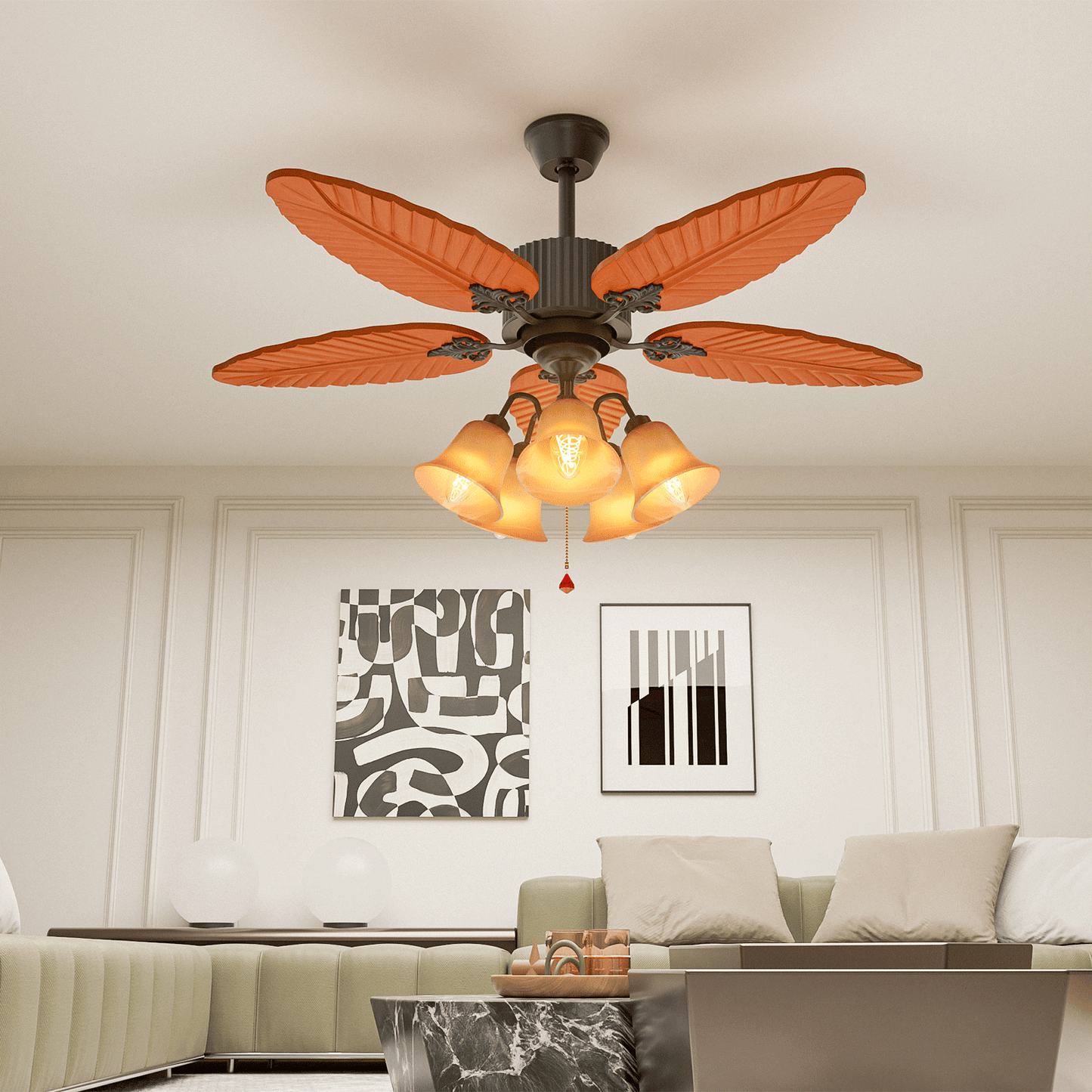 52" Reversible Ceiling Light Fan - Solid Wood Leaf Blade - Remote Control & Timer