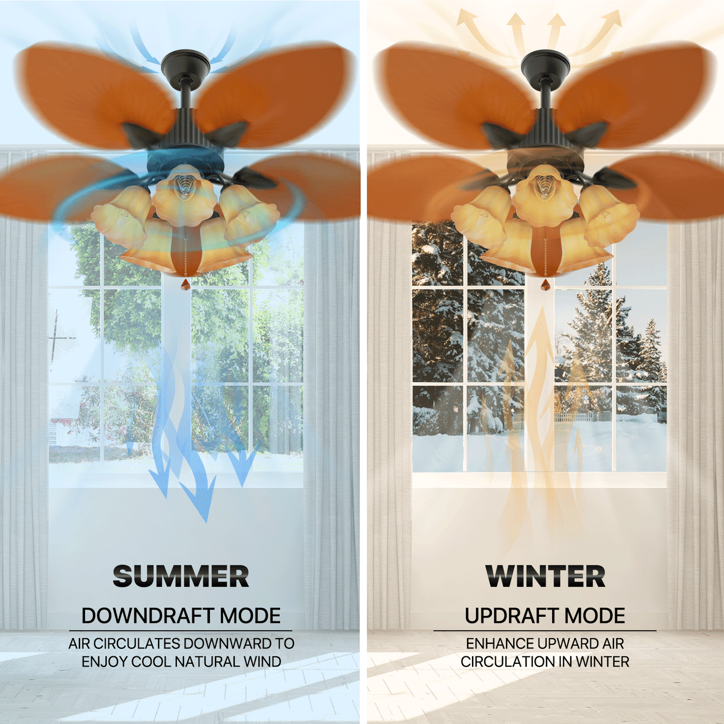 52" Reversible Ceiling Light Fan - Solid Wood Leaf Blade - Remote Control & Timer