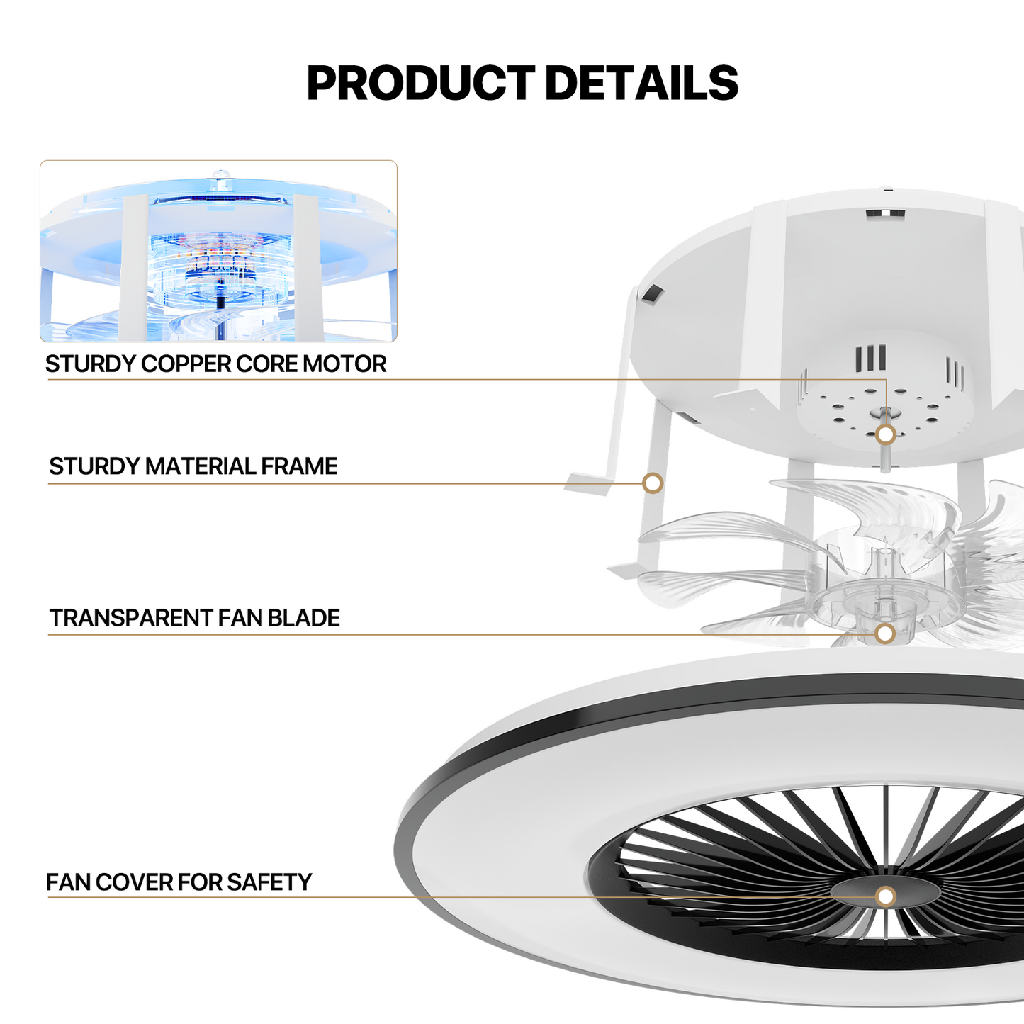 22" RGB Lighting Ceiling Fan - App Control+Remote Control - Bluetooth Speaker