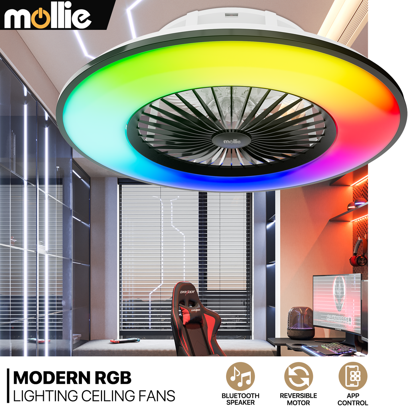 22" RGB Lighting Ceiling Fan - App Control+Remote Control - Bluetooth Speaker