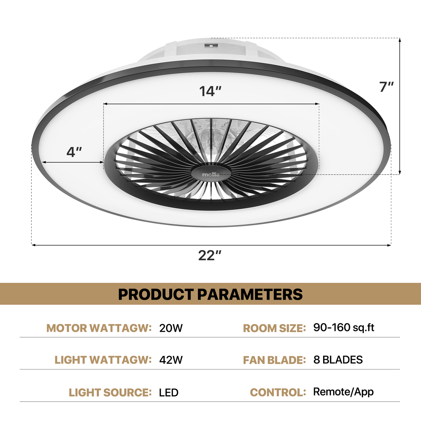 22" RGB Lighting Ceiling Fan - App Control+Remote Control - Bluetooth Speaker