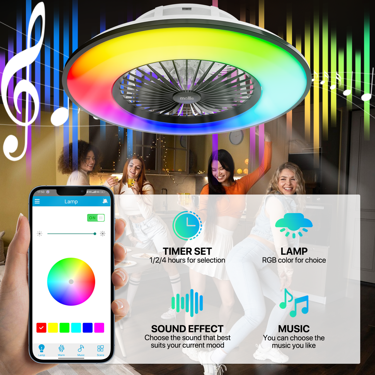22" RGB Lighting Ceiling Fan - App Control+Remote Control - Bluetooth Speaker
