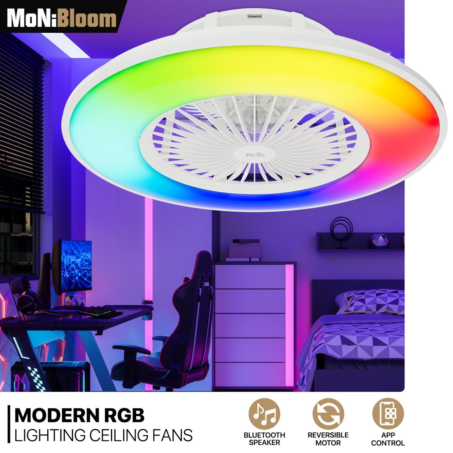 22" RGB Lighting Ceiling Fan - App Control+Remote Control - Bluetooth Speaker