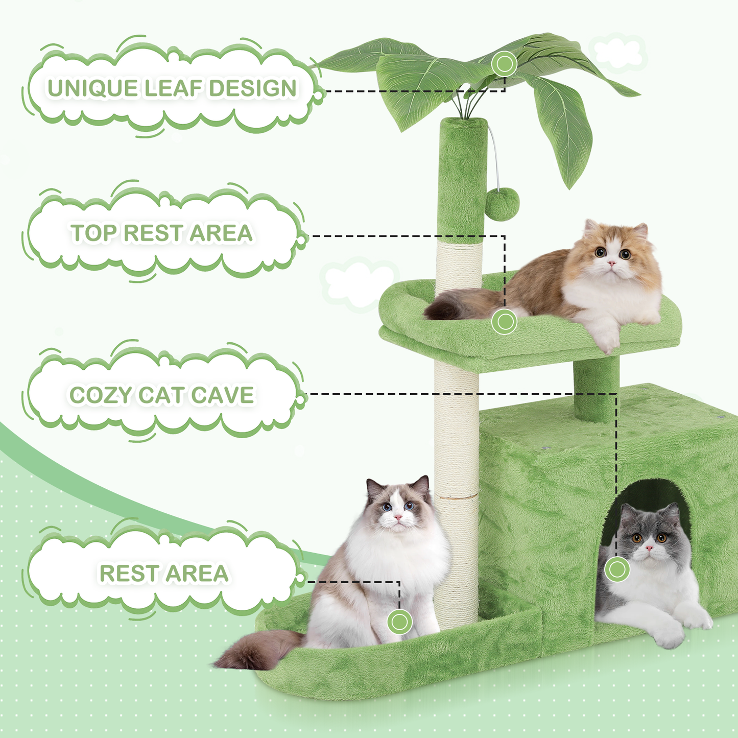 32" Height Cat Tree -Leaves Design - Lawn Green