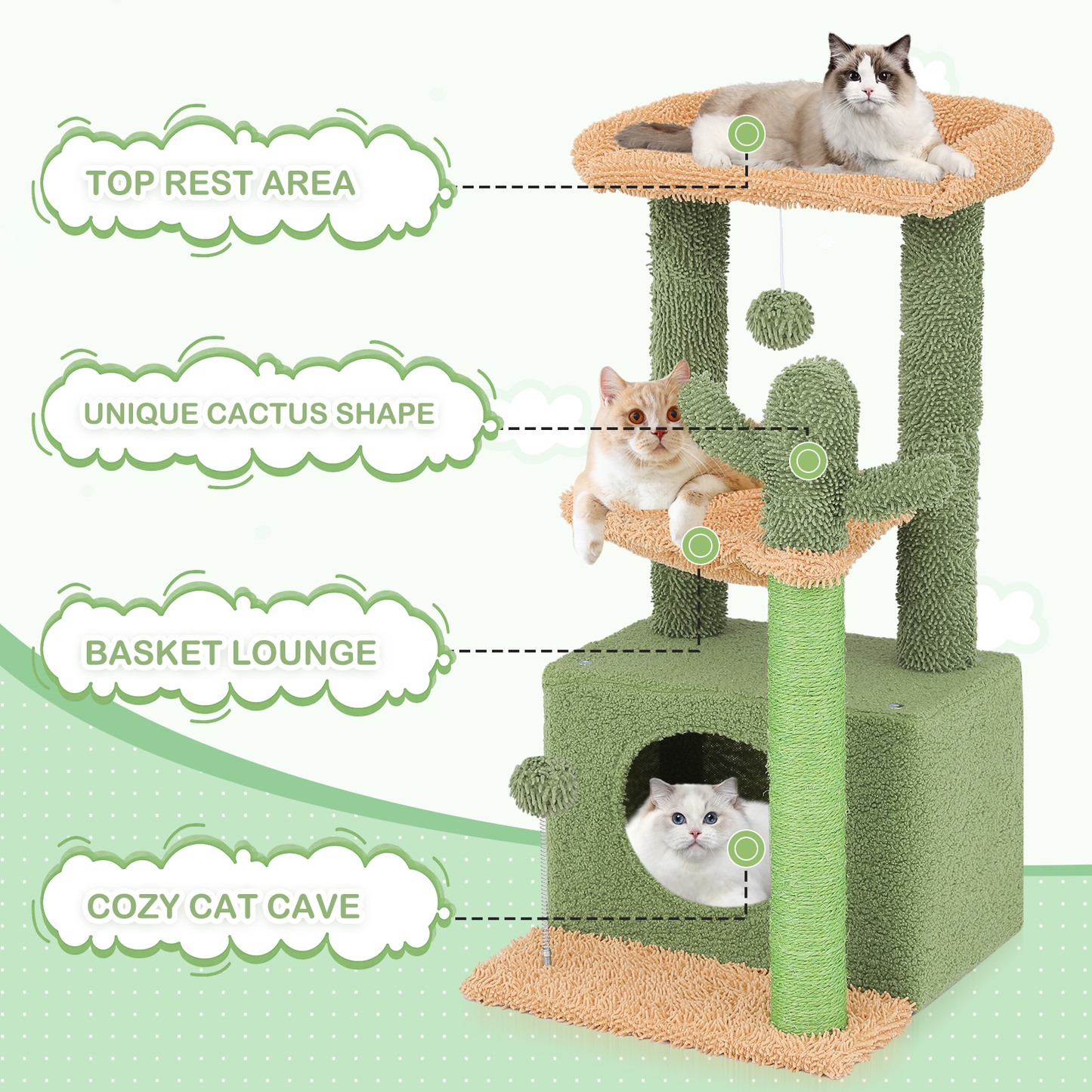 33.5" Height Cat Tree - Cactus Design - Green/Light Brown