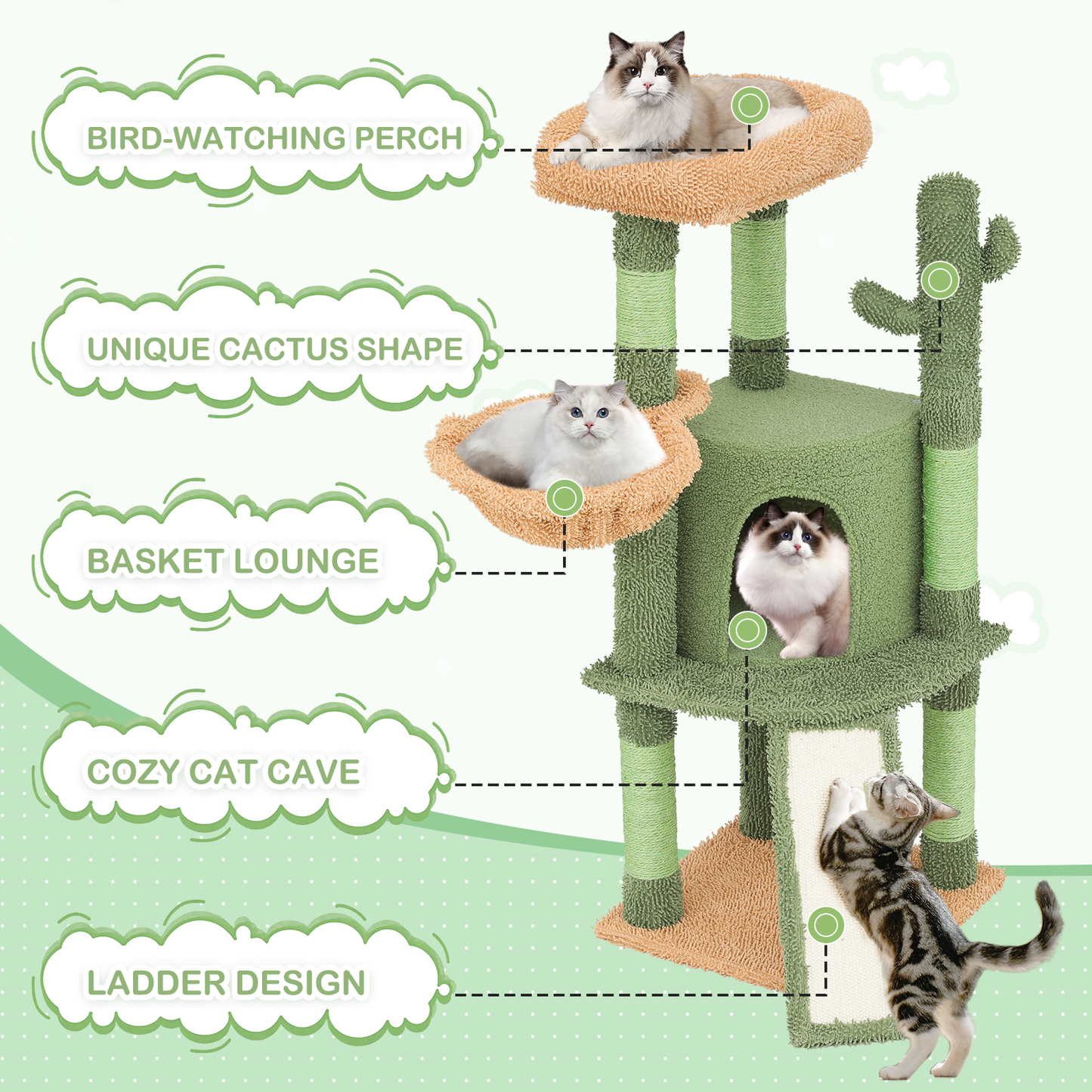 42" Height Cat Tree - Cactus Design - Green/Light Brown