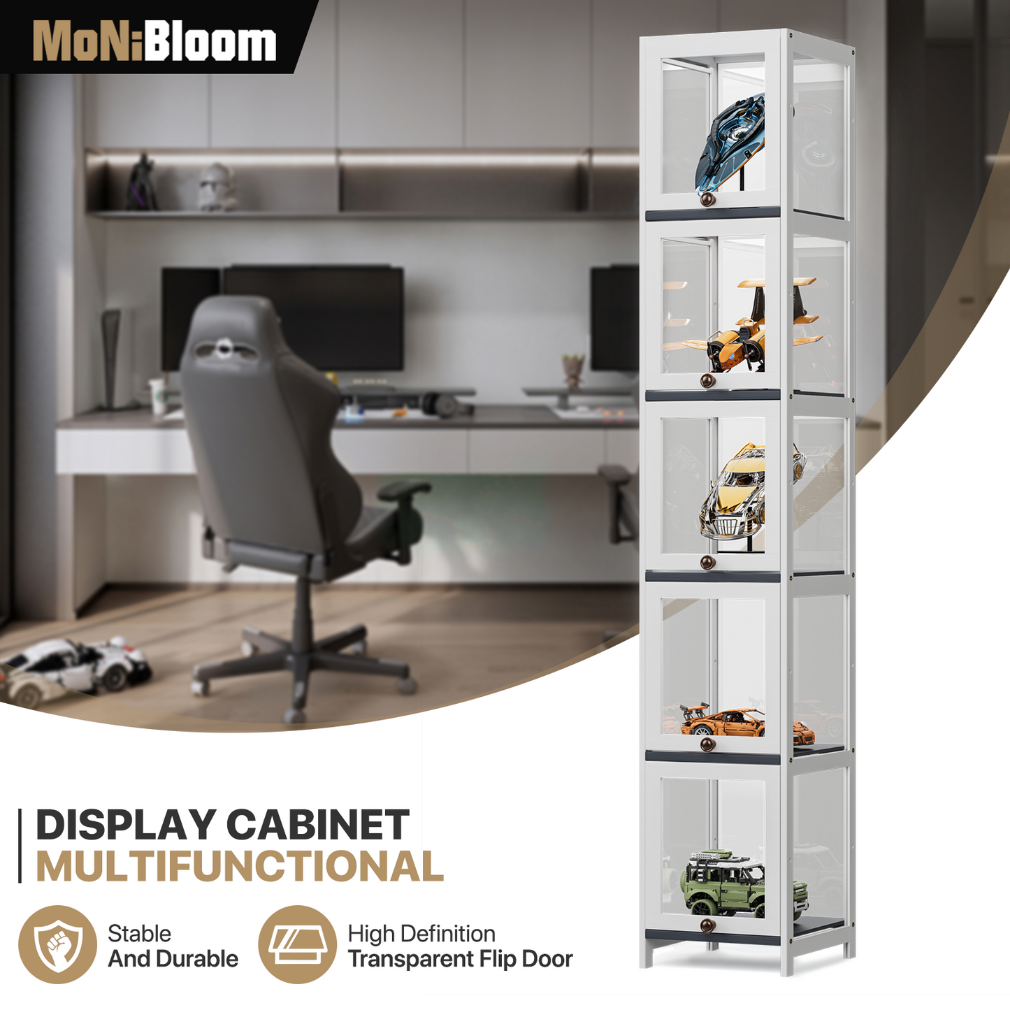 Display Case 30 lbs Capacity - Acrylic Flip Door - transparent on all sides - 5 Tiers - 12''L 12.5''W 67.5''H - White