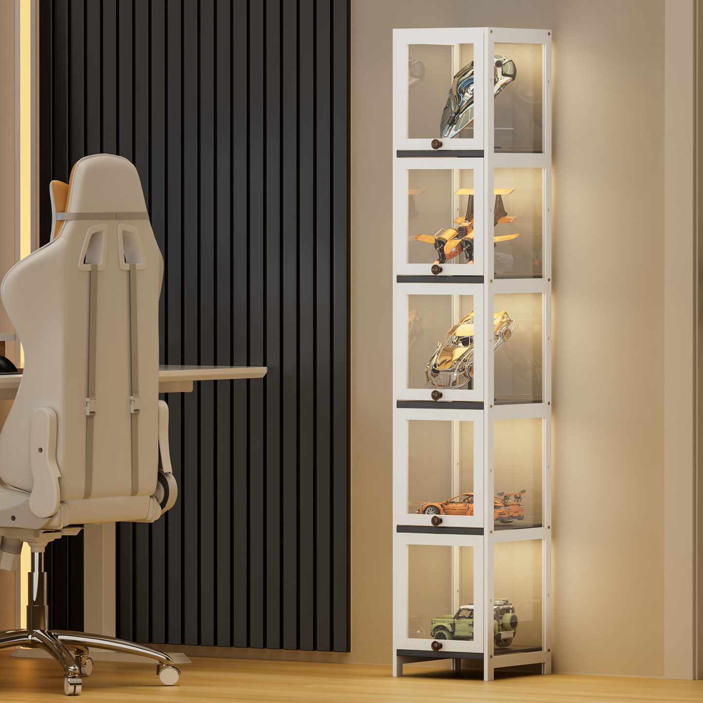 Display Case 30 lbs Capacity - Acrylic Flip Door - transparent on all sides - 5 Tiers - 12''L 12.5''W 67.5''H - White