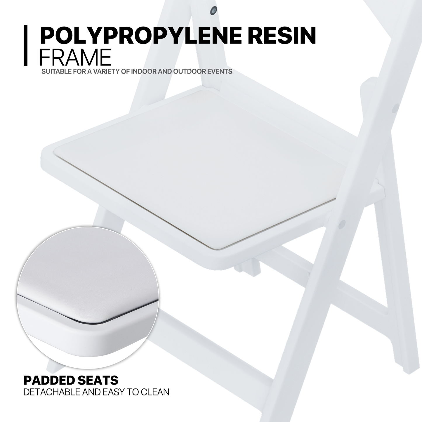 Folding chair 250 lbs Capacity - (L)17.5in. (W)16.5in. (H)30.5in. - White