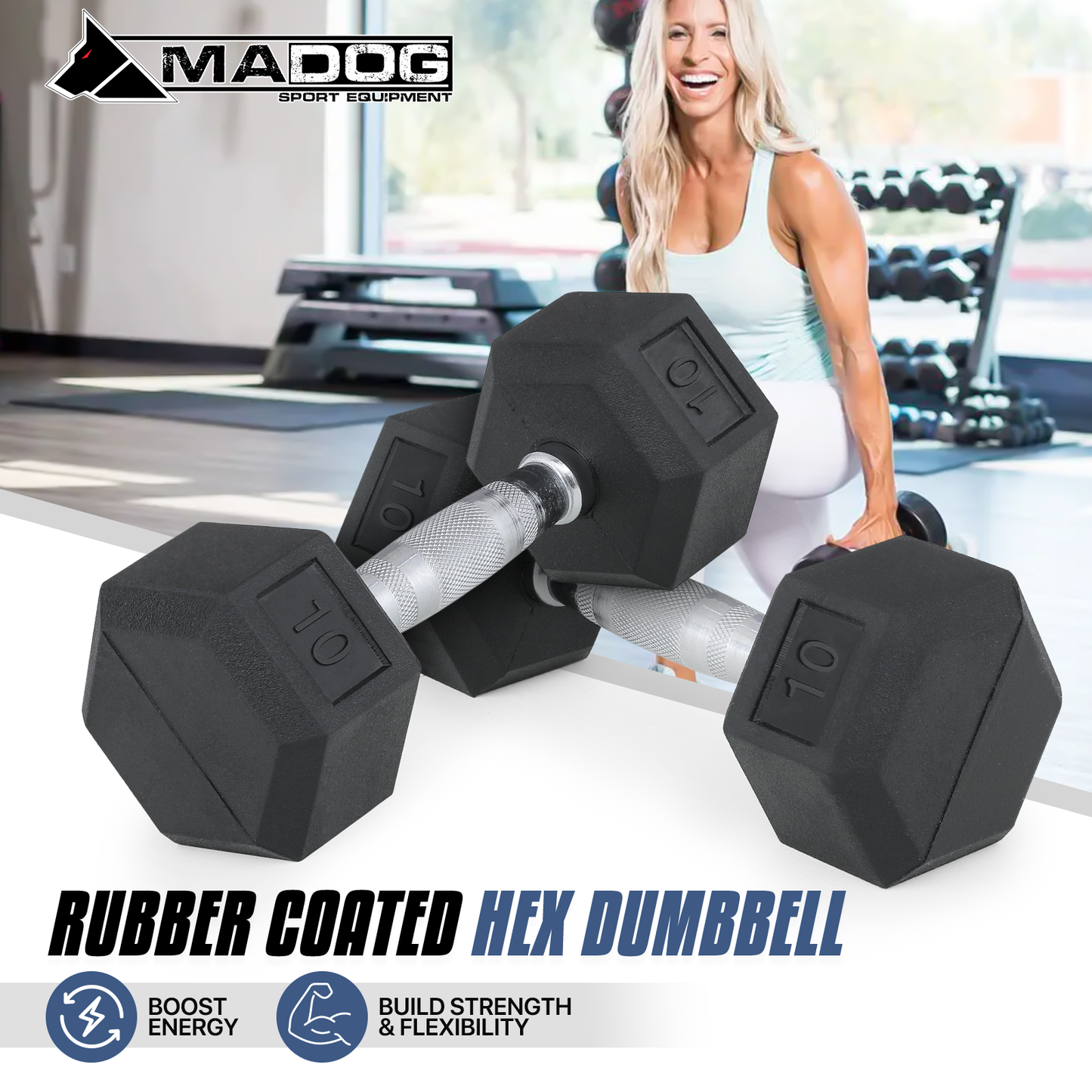 Pair Cast Iron Fitness Hex Dumbbell - 5/10/15/20/25 Pounds Each - Rubber Coated