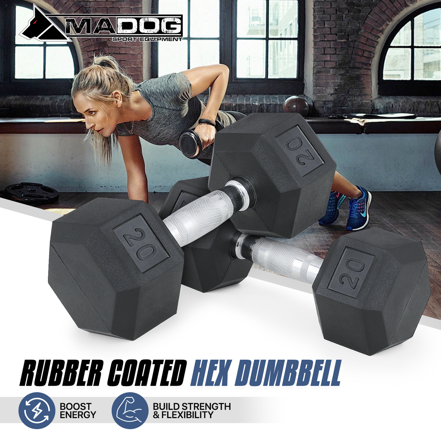 Pair Cast Iron Fitness Hex Dumbbell - 5/10/15/20/25 Pounds Each - Rubber Coated