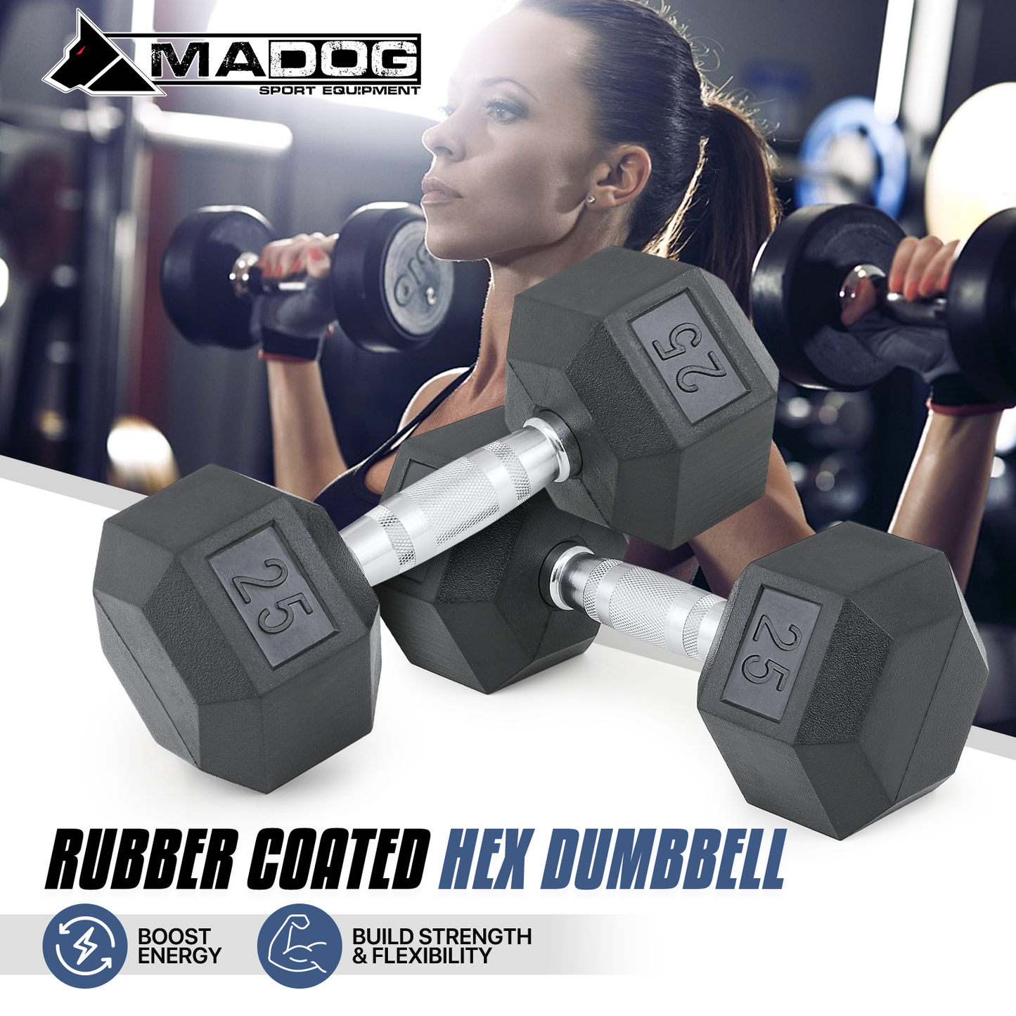 Pair Cast Iron Fitness Hex Dumbbell - 5/10/15/20/25 Pounds Each - Rubber Coated