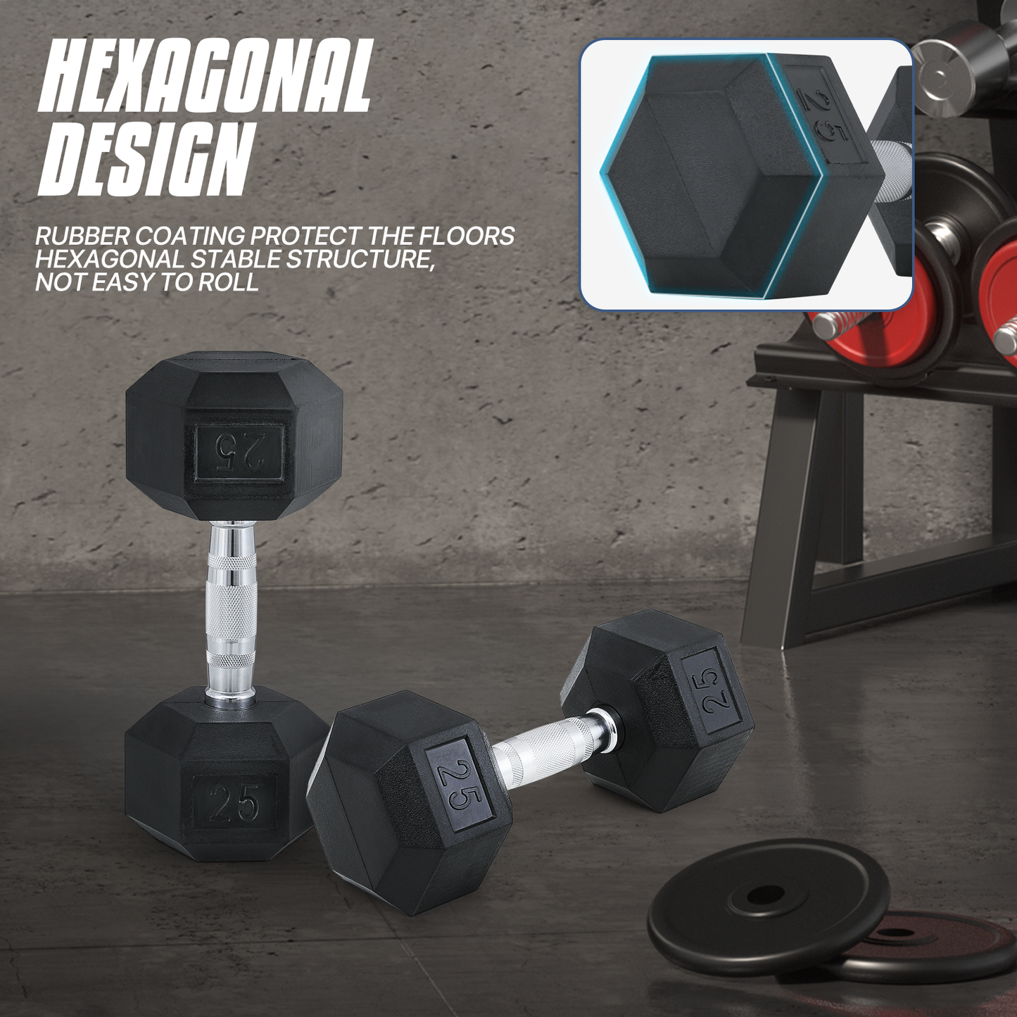 Pair Cast Iron Fitness Hex Dumbbell - 5/10/15/20/25 Pounds Each - Rubber Coated