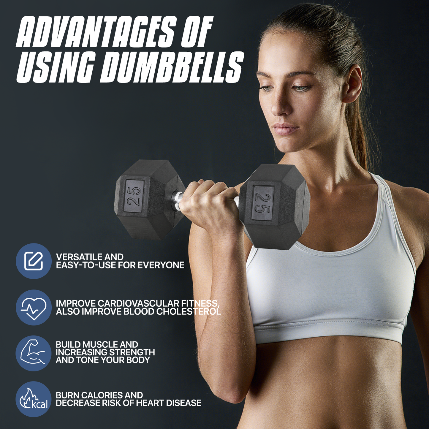Pair Cast Iron Fitness Hex Dumbbell - 5/10/15/20/25 Pounds Each - Rubber Coated