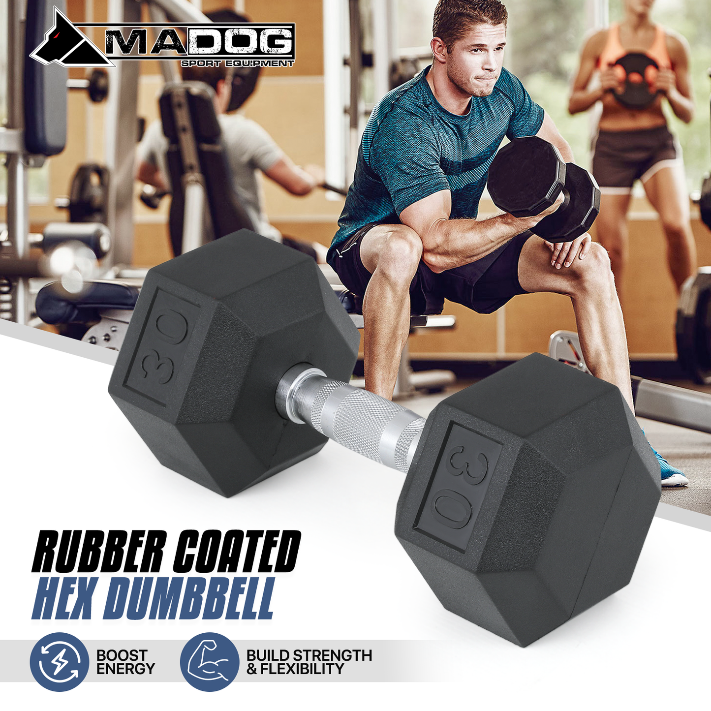 Cast Iron Fitness Hex Dumbbell - Rubber Coated - 1 Piece