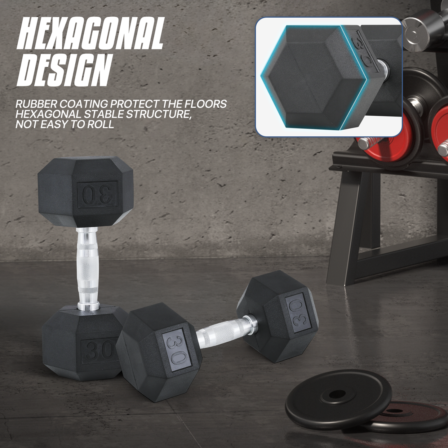 Cast Iron Fitness Hex Dumbbell - Rubber Coated - 1 Piece
