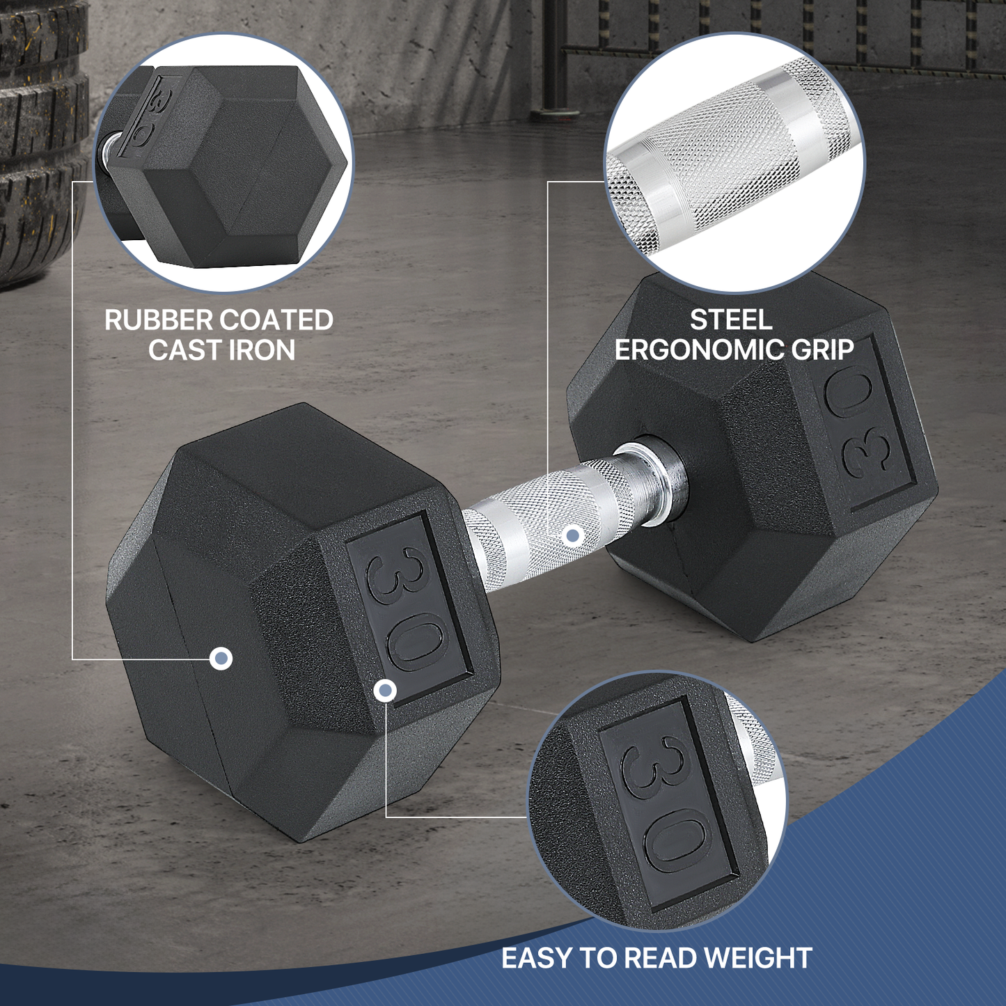 Cast Iron Fitness Hex Dumbbell - Rubber Coated - 1 Piece