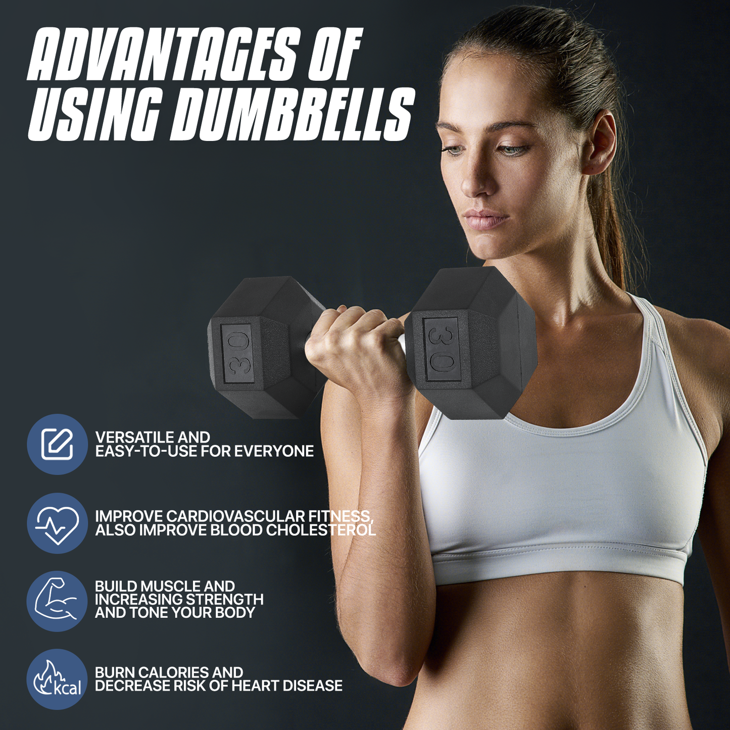 Cast Iron Fitness Hex Dumbbell - Rubber Coated - 1 Piece