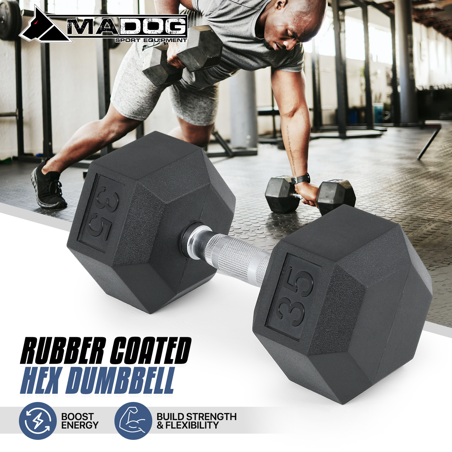 Cast Iron Fitness Hex Dumbbell - Rubber Coated - 1 Piece