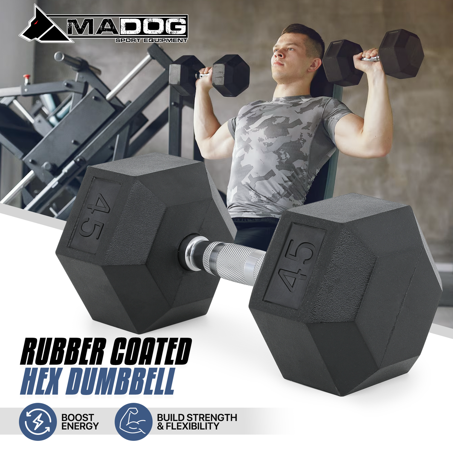 Cast Iron Fitness Hex Dumbbell - Rubber Coated - 1 Piece