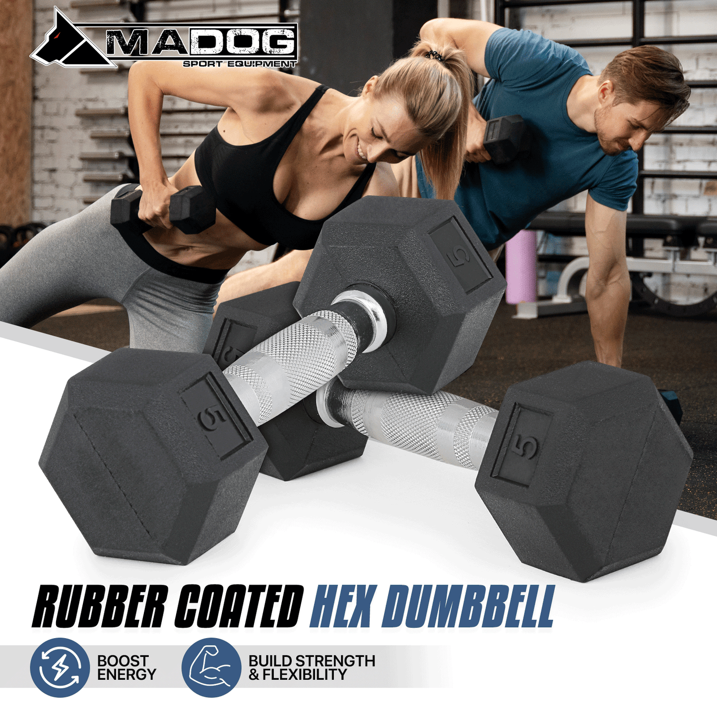 Pair Cast Iron Fitness Hex Dumbbell - 5/10/15/20/25 Pounds Each - Rubber Coated