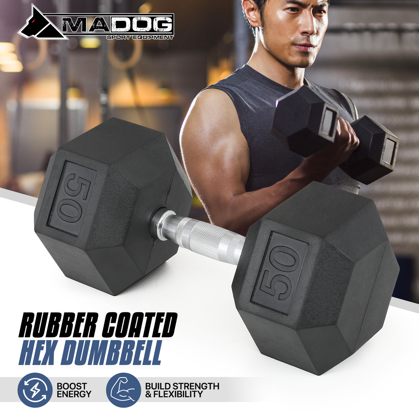 Cast Iron Fitness Hex Dumbbell - Rubber Coated - 1 Piece