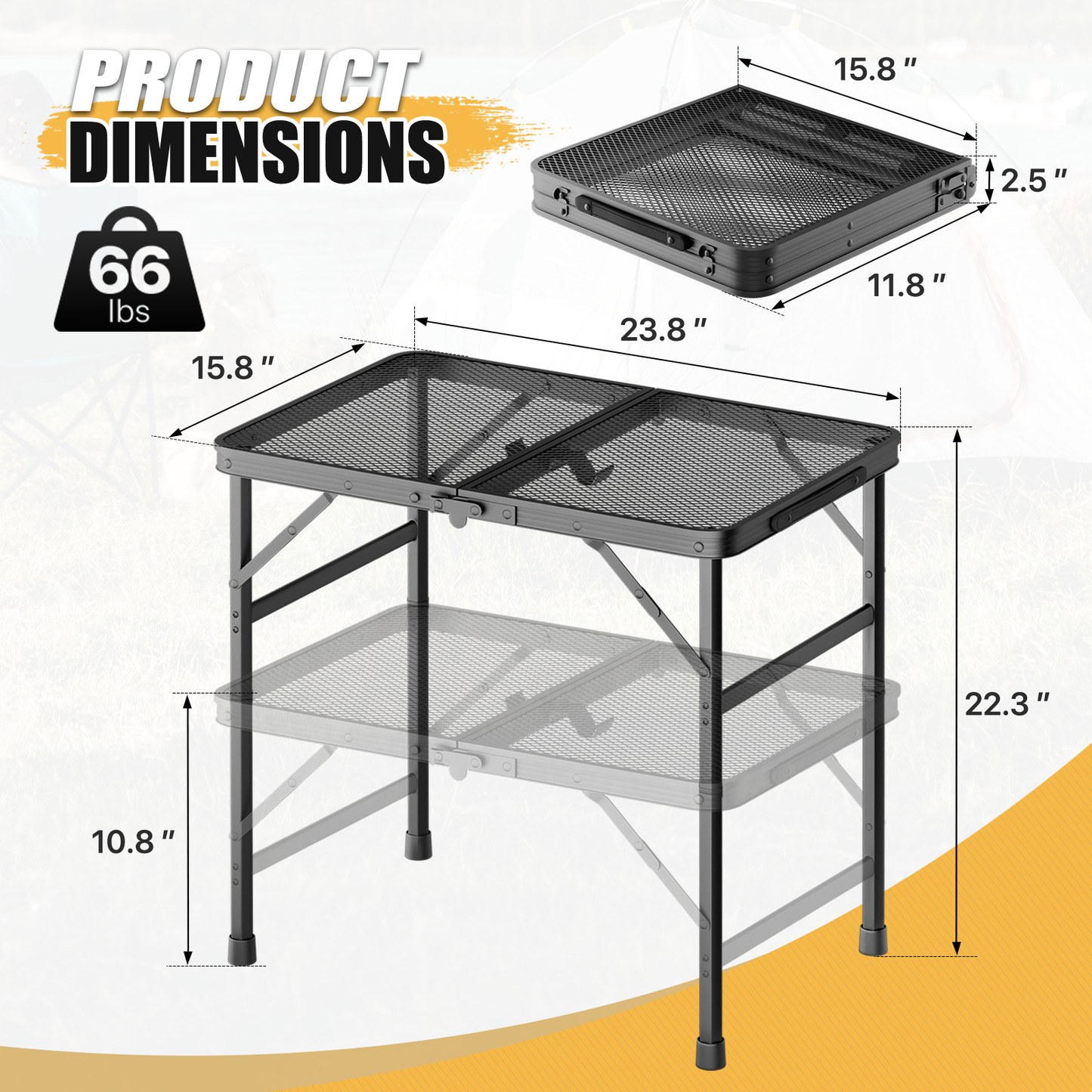 Grill Table 66 lbs Capacity - (L)23.8in. (W)15.8in. (H)22.3in. - 2 height adjustments:11in.-22in. - Black