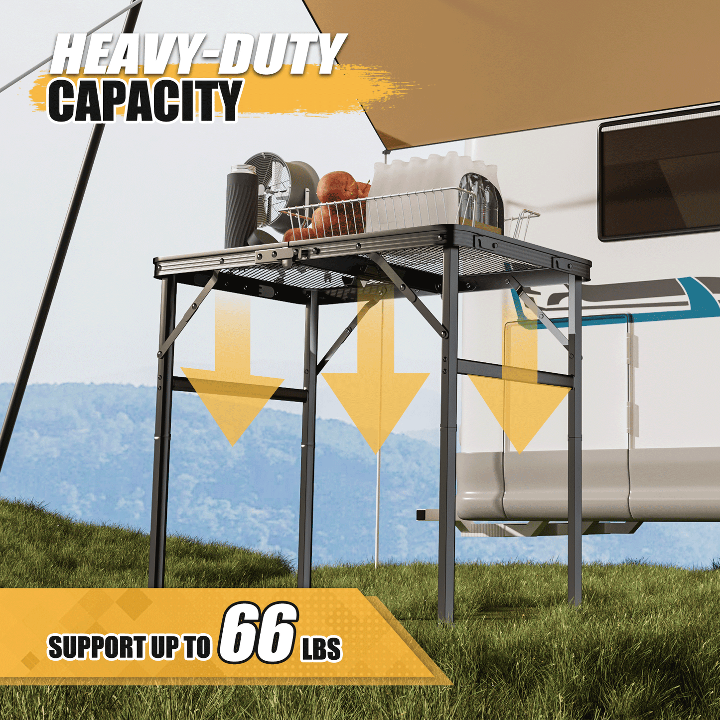 Grill Table 66 lbs Capacity - (L)23.8in. (W)15.8in. (H)22.3in. - 2 height adjustments:11in.-22in. - Black