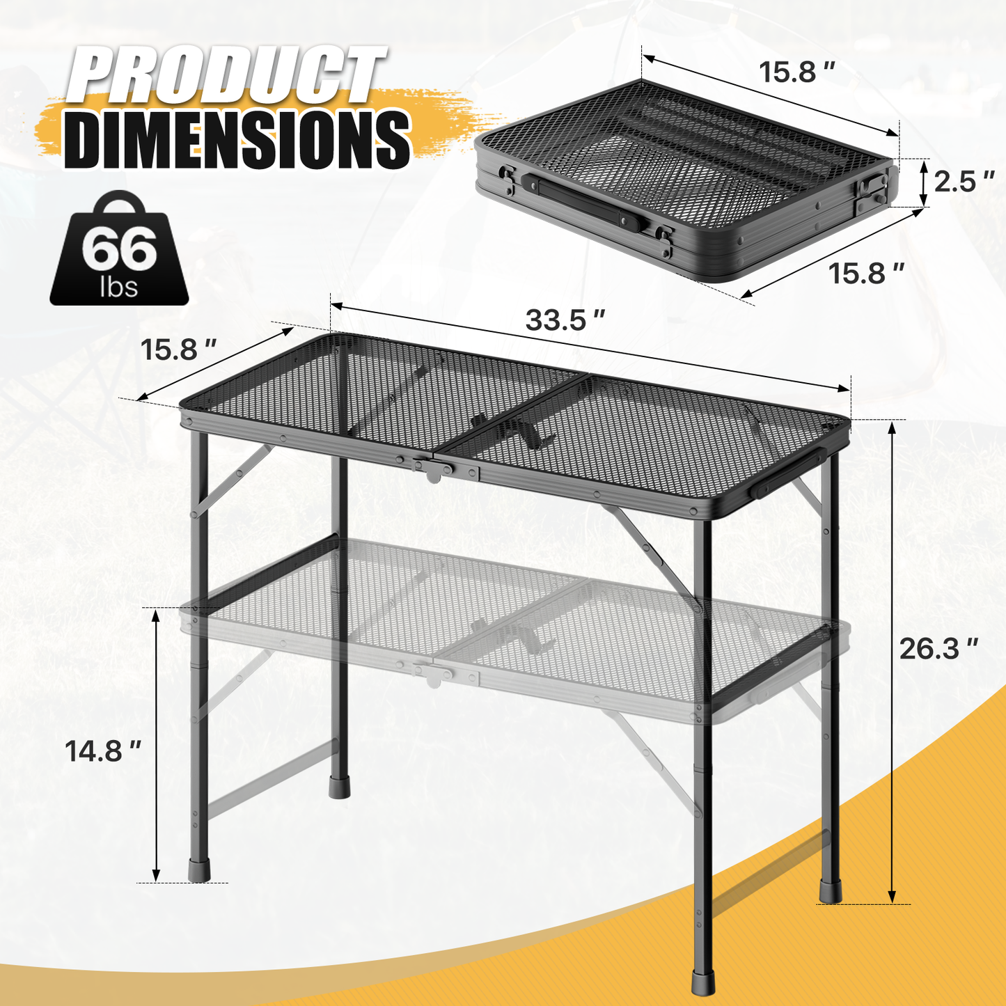 Grill Table 66 lbs Capacity - (L)33.5in. (W)15.8in. (H)26.3in. - 2 height adjustments:14.8in. - 26.3in. - Black